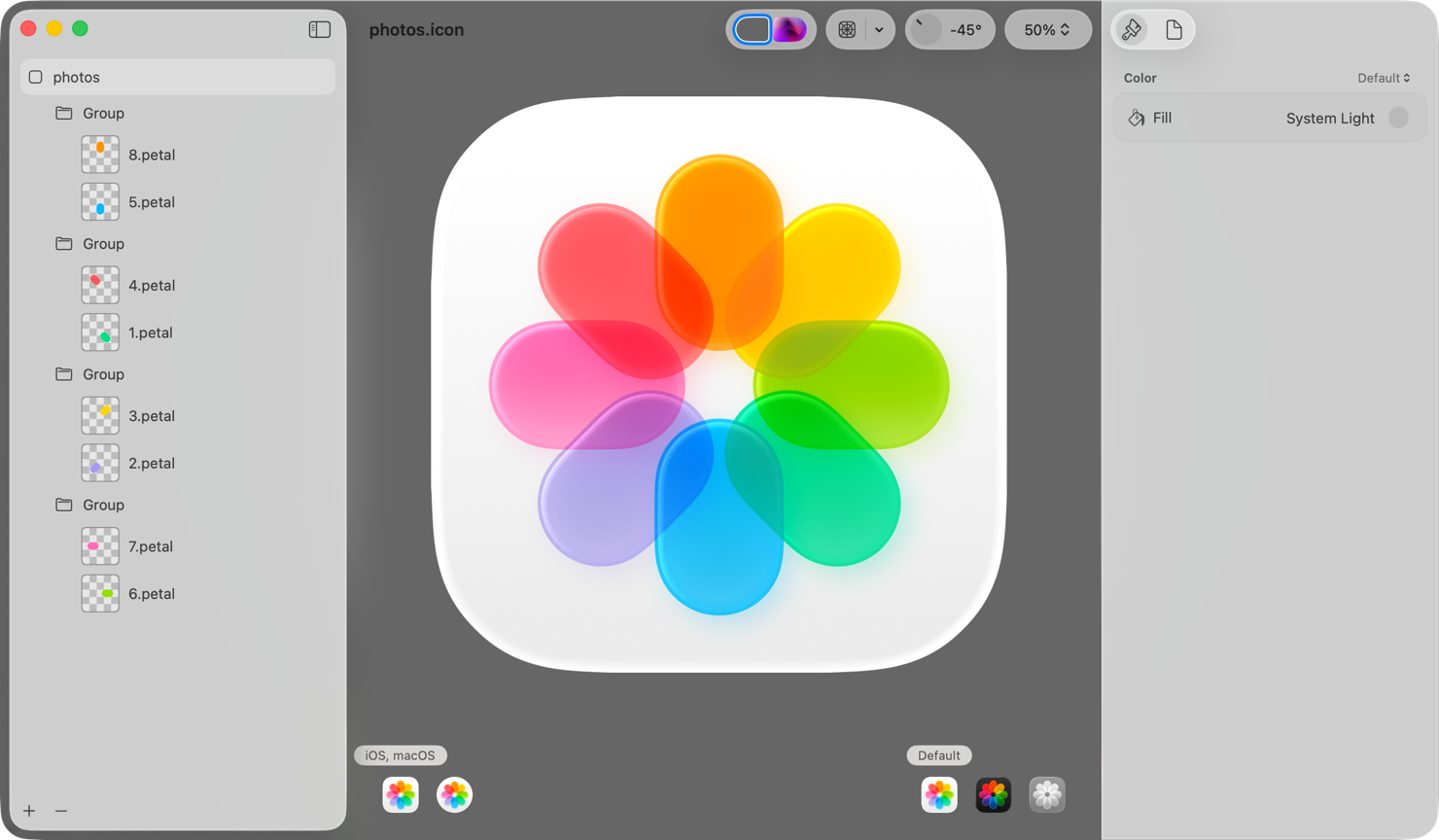 Icon Composer 中“照片” App 图标的截屏。