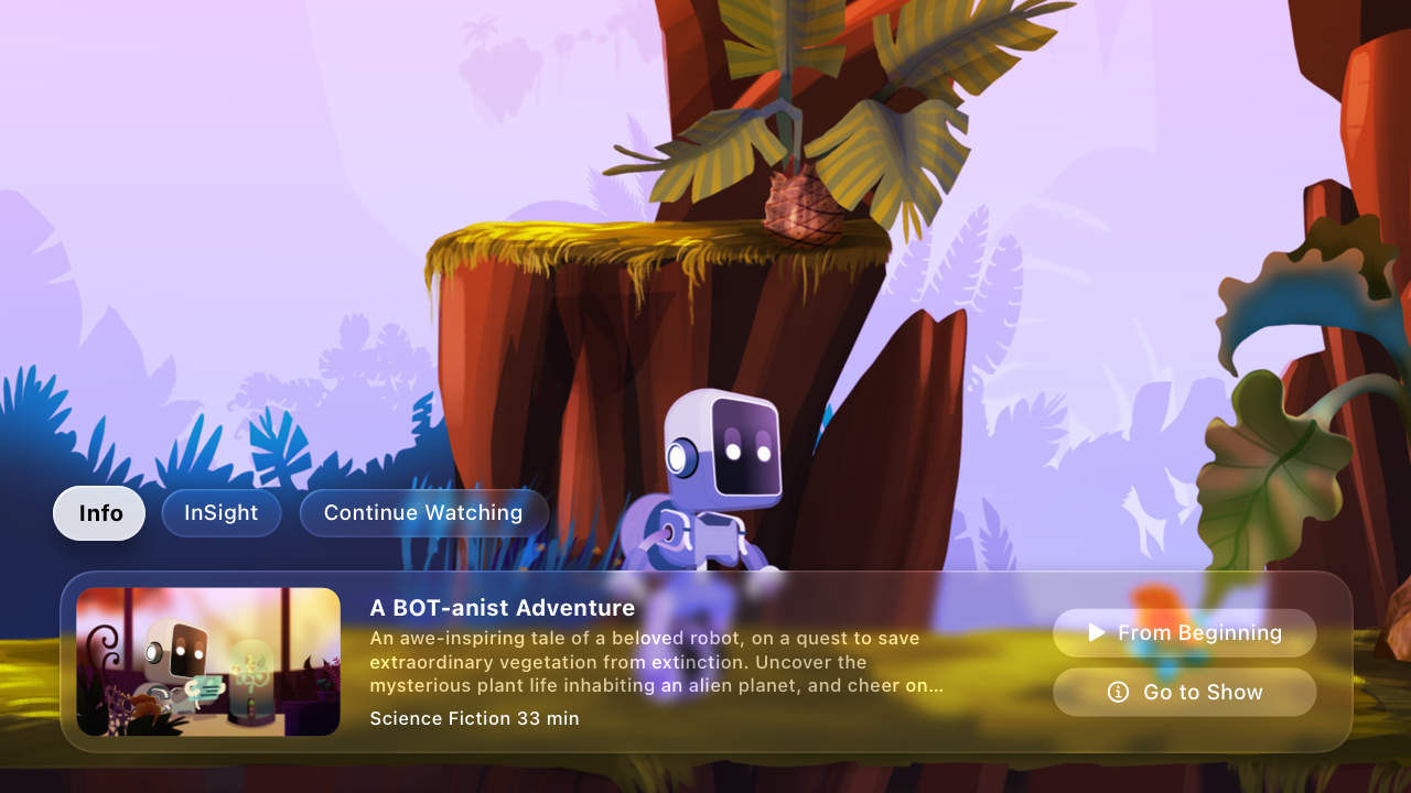 在 Apple tvOS 中运行的 Destination Video App 截屏。该 App 所示屏幕包含与视频《A BOT-anist Adventure》相关的详细信息。背景为该视频场景中的主角彩色图像。悬浮于背景的界面元素采用 Liquid Glass 外观，可穿透显示背景颜色并营造沉浸度更高的媒体体验。